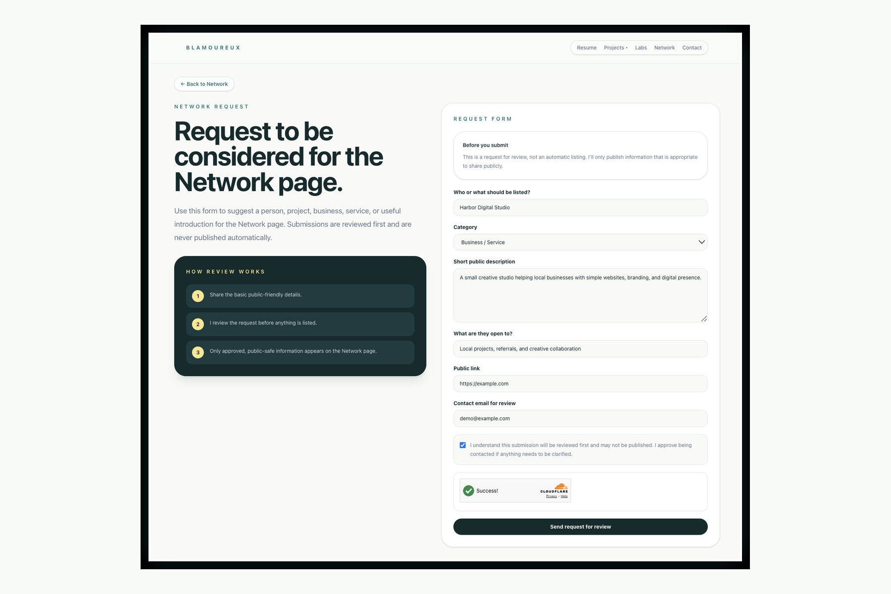 Network request form showing public-safe fields, review guidance, and Turnstile security check.
