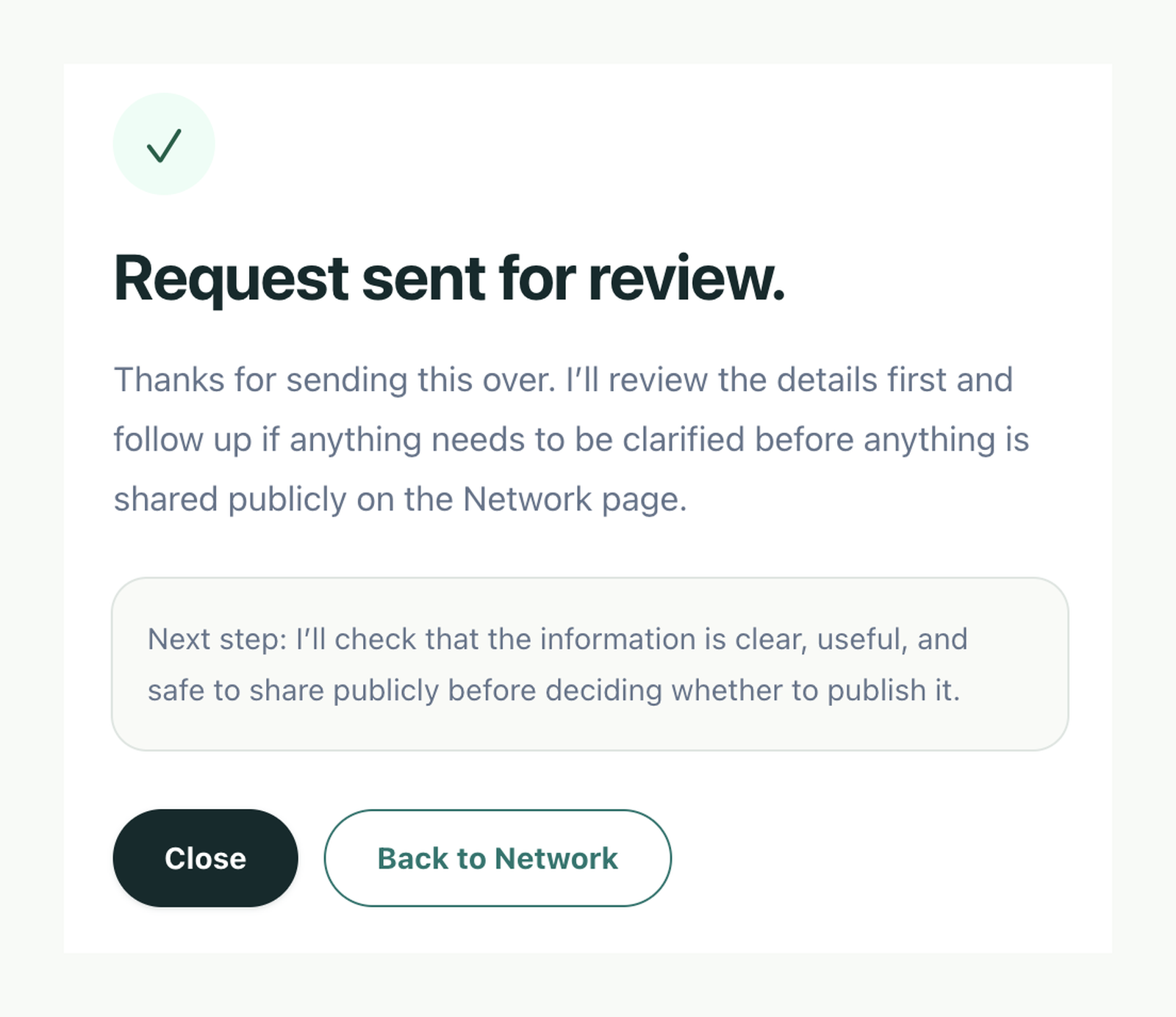 Confirmation dialog showing that the Network request was sent for review.