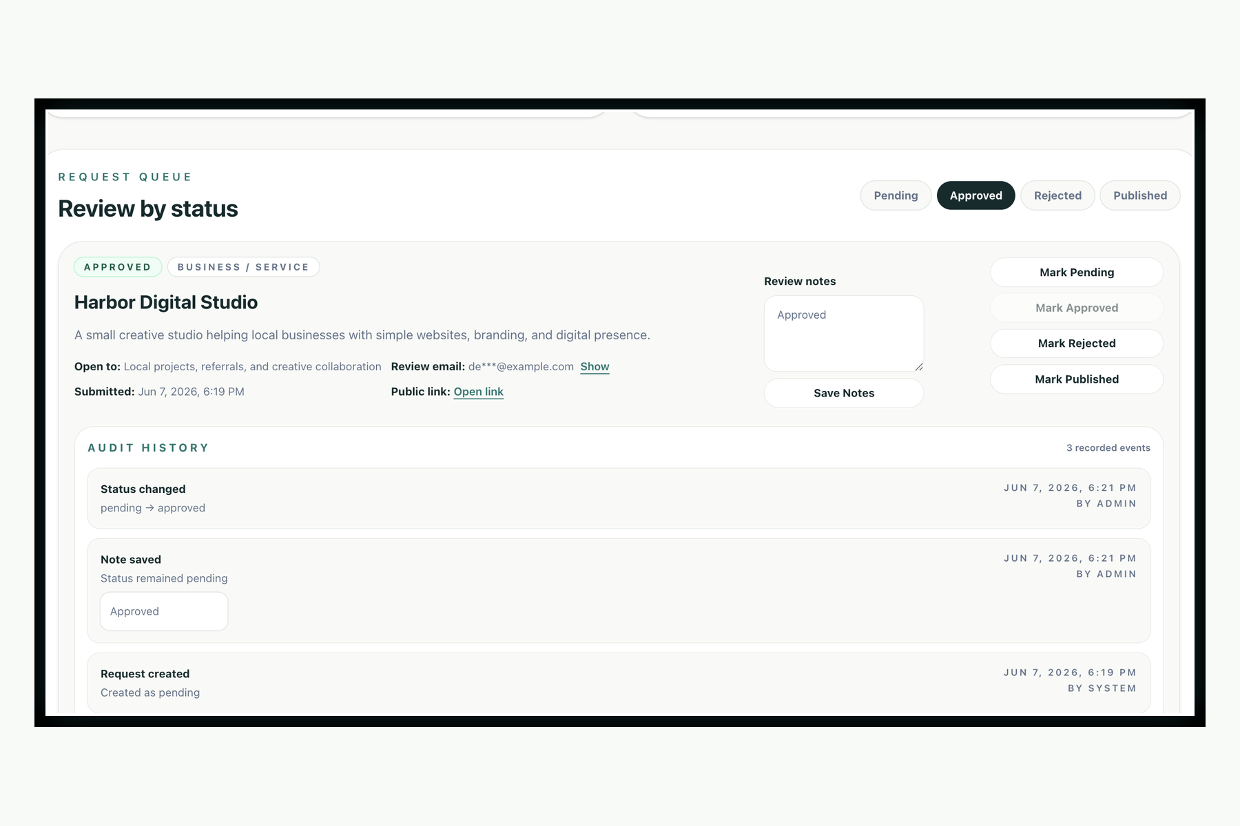 Admin audit history showing request created, note saved, and status changed events.